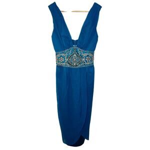 NWT Mandalay Turquoise Silver Silk Beaded Sequin Midi Evening Gown Dress Size 4